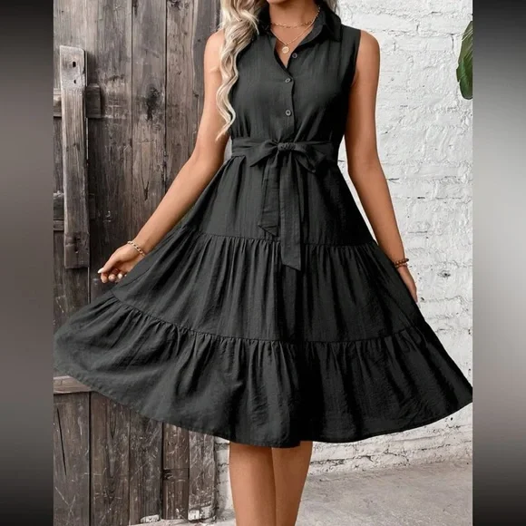 Boho ruffle hem belted shirt dress - Picture 5 of 16